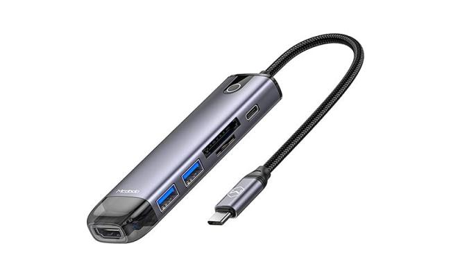 Mcdodo HU-7740 6 in 1 Hub, Aluminum Allow + Nylon Materials, HDMI, USB-A3.0 x2, VGA, USB-C (PD 100W), SD/TF Card Slot